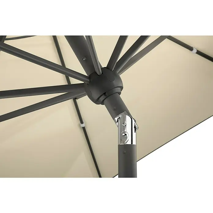 Schneider Classic Marktschirm rund Adria - Natur, Durchmesser Bespannung: 300 cm - Detailaufnahme eines Sonnenschirms, der die Mechanik und das Design des Produkts hervorhebt.