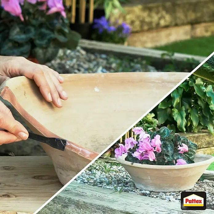 Pattex Kraft-Mix 2-Komponenten-Kleber Extrem Schnell - 2 Stk., 12 g - Das Bild zeigt die Anwendung von Pattex Kleber zur Reparatur eines Blumentopfs, um seine Lebensdauer im Garten zu verlängern.