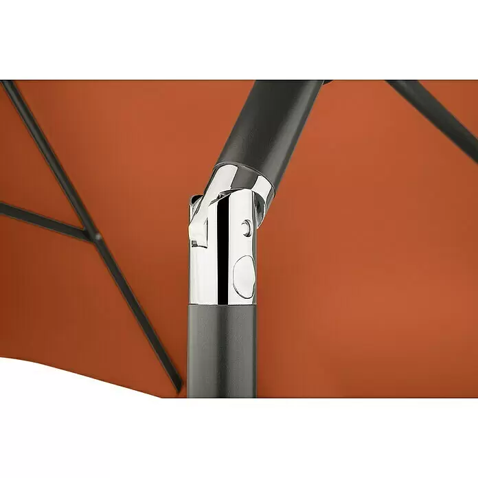 Schneider Classic Marktschirm rund Adria - Terracotta, Durchmesser Bespannung: 300 cm - Detailansicht eines rostorangen Sonnenschirms mit dunkelgrauem Gestell und einem verchromten Gelenk mit Druckknopf.