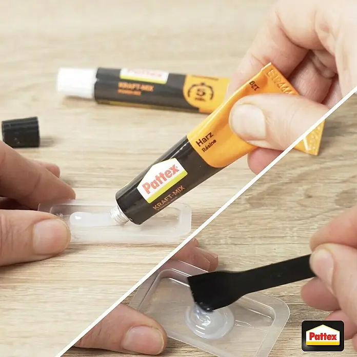 Pattex Kraft-Mix 2-Komponenten-Kleber Extrem Schnell - 2 Stk., 12 g - Bild zeigt die Zubereitung von Pattex Kraft-Mix Klebstoff mit Harz und Härter. Das Produkt wird in einer Mischschale angerührt.