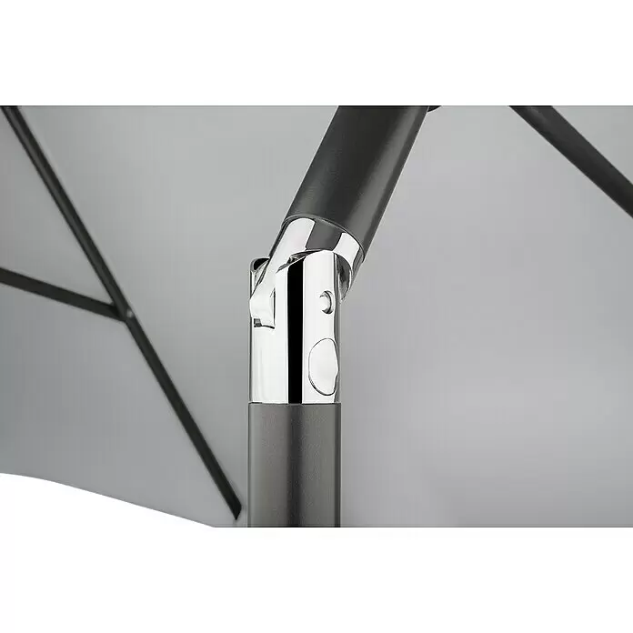 Schneider Classic Marktschirm rund Adria - Silbergrau, Durchmesser Bespannung: 300 cm - Nahaufnahme eines silbernen und dunkelgrauen Schirmgelenks mit Verbindungspunkten.