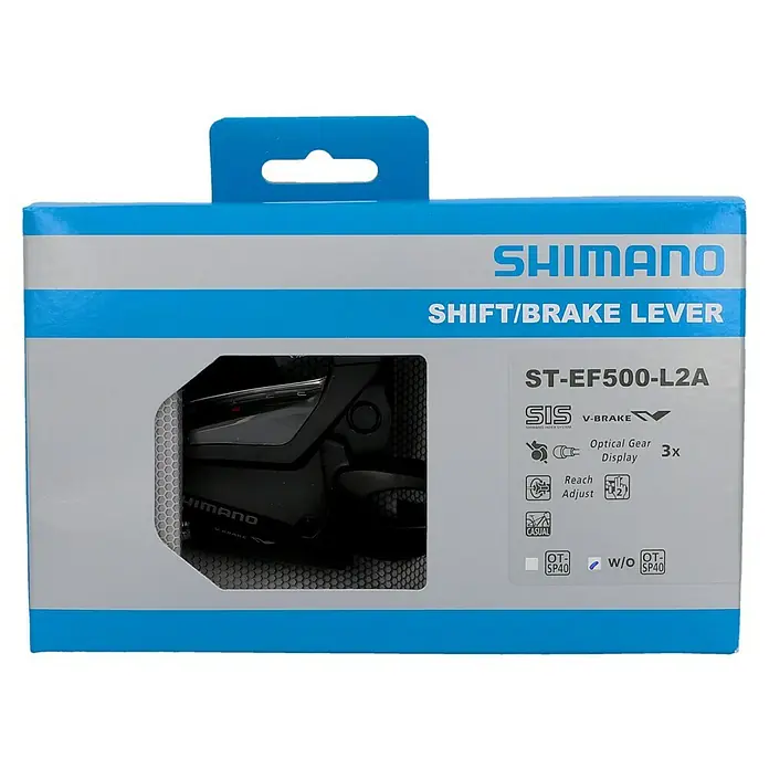 Shimano Schalt-Bremshebel V-Brake - Ausführung: 3-fach, Schraubklemme - Abbildung der Shimano ST-EF500-L2A Schalt-/Bremshebel-Kombination in einer blauen Verpackung.