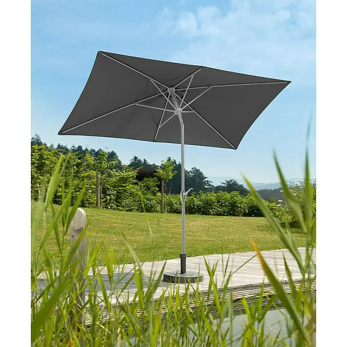 Schneider Classic Marktschirm Porto - Anthrazit, Bespannungsmaß (L x B): 300 x 200 cm - Grauer quadratischer Sonnenschirm auf einer Terrasse. Der Sonnenschirm bietet Schatten und Schutz vor der Sonne im Freien.