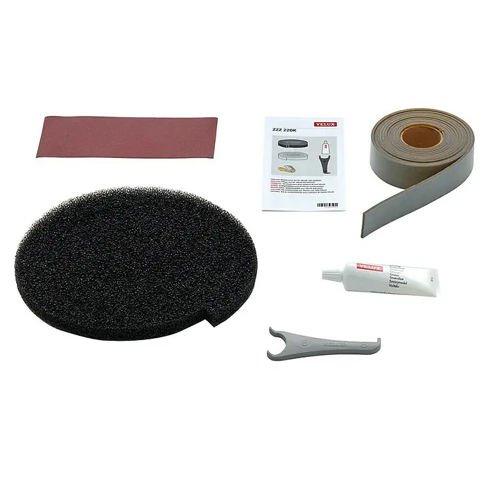 Velux Kombi-Pflege-Set ZZZ 220K - Passend für: VELUX Dachfenster ab Baujahr 2013 - VELUX Wartungsset ZZZ 220K mit Schleifpapier, Filter, Dichtungsband, Schmiermittel und Werkzeug für die Pflege von VELUX Dachfenstern.