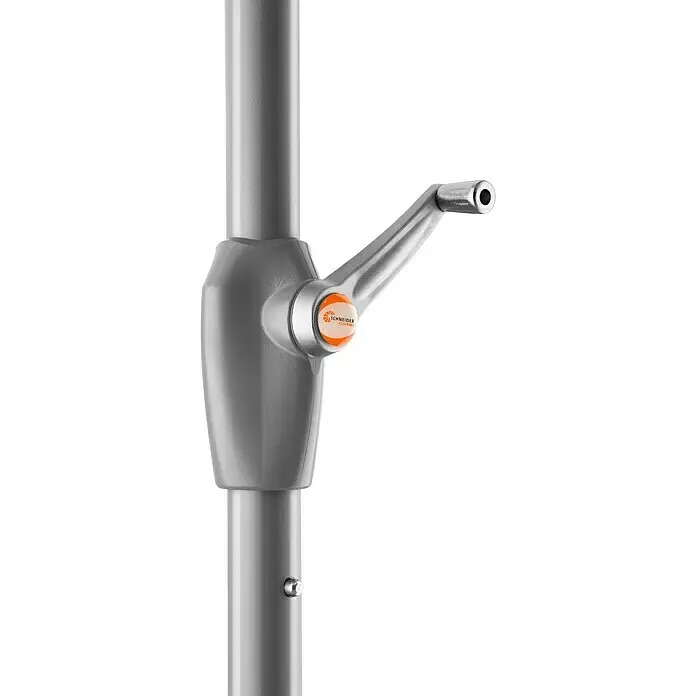 Schneider Classic Marktschirm Porto - Rot, Bespannungsmaß (L x B): 300 x 200 cm - Grauer Sonnenschirmmast mit Kurbelmechanismus und orangefarbenem Schneider Schirme Logo.