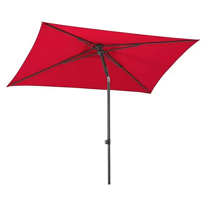 Schneider Classic Marktschirm Sevilla - Rot, Bespannungsmaß (L x B): 240 x 140 cm - Roter rechteckiger Sonnenschirm mit dunkelgrauem Gestell und verstellbarer Neigung.