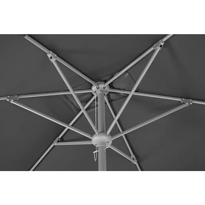 Schneider Classic Marktschirm Porto - Anthrazit, Bespannungsmaß (L x B): 300 x 200 cm - Detailaufnahme eines grauen Sonnenschirms von unten, zeigt das Gestell und den Mechanismus. Ideal für sonnige Tage im Garten.