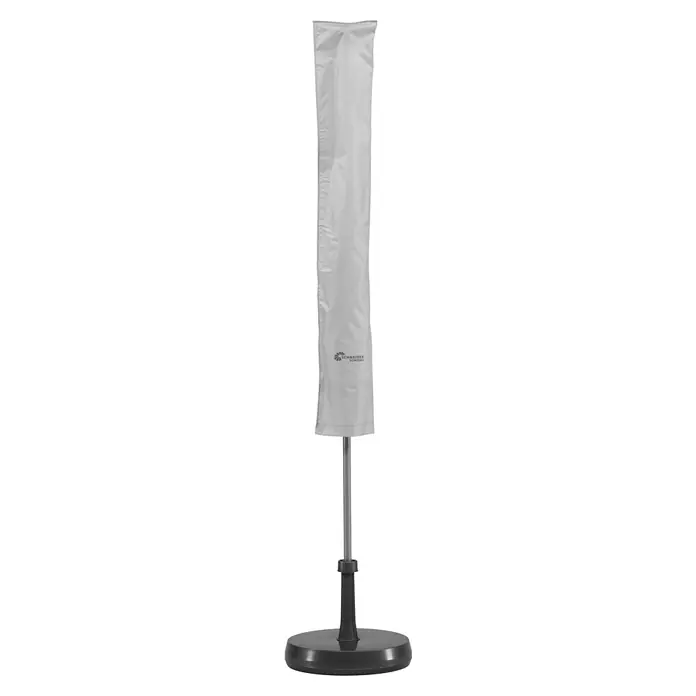 Schneider Schirm-Schutzhülle - Kunststoff, Passend für: Schirme bis Ø 200 cm oder 180x120 cm - Grauer Schneider Sonnenschirm mit Schutzhülle auf schwarzem Sockel, der Stabilität und Schutz vor Witterungseinflüssen bietet.