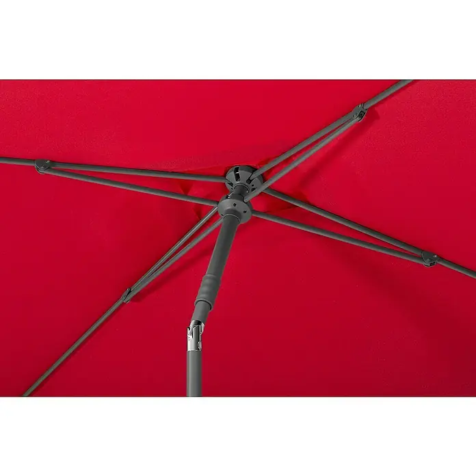 Schneider Classic Marktschirm Sevilla - Rot, Bespannungsmaß (L x B): 240 x 140 cm - Detailaufnahme eines roten Sonnenschirms, der die graue Metallkonstruktion und das rote Schirmtuch zeigt. Die Mechanik des Schirms ist gut sichtbar.
