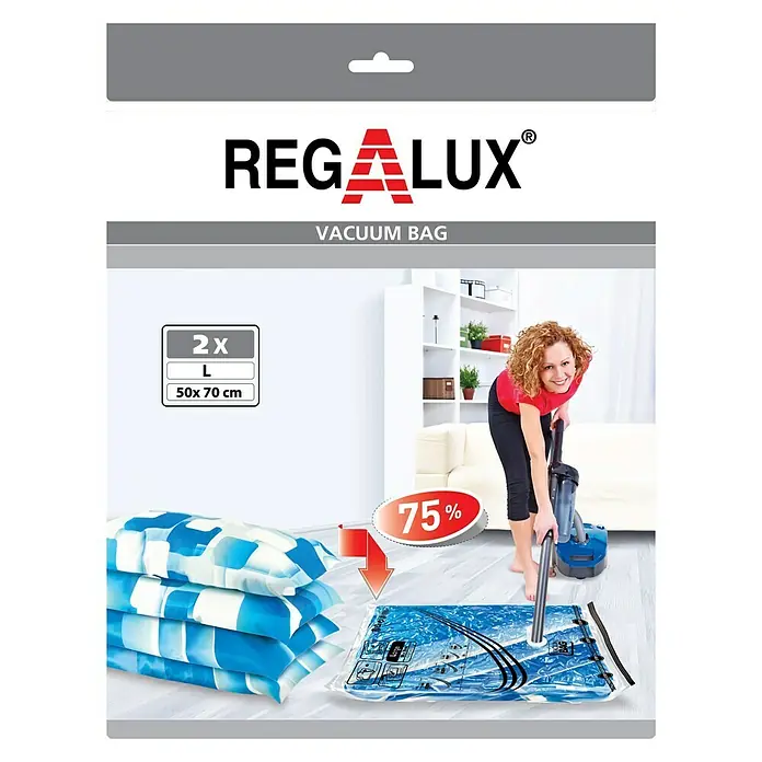 Regalux Vakuum-Beutel-Set L - L x B: 70 x 50 cm, 2 Stk., Transparent - Regalux Vakuumbeutel: 2er-Pack, Größe L (50x70 cm), ideal zur platzsparenden Aufbewahrung von Kleidung und Textilien, reduziert das Volumen um 75%.