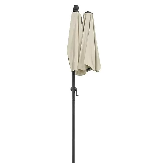 Schneider Classic Balkonschirm Salerno mezza - Natur, Bespannungsmaß (L x B): 150 x 150 cm - Geschlossener beiger Sonnenschirm mit dunkelgrauem Mast und Kurbelgriff.