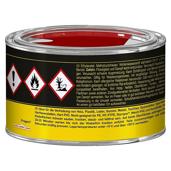 Pattex Kontakt Kraftkleber Classic - 300 g, Dose - Dose Pattex Klebstoff mit Gefahrenhinweisen und Anwendungshinweisen auf dem Etikett.