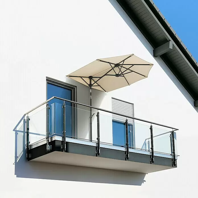 Schneider Classic Balkonschirm Salerno mezza - Natur, Bespannungsmaß (L x B): 150 x 150 cm - Modernes Balkongeländer aus Glas und Edelstahl mit offenem beigem Sonnenschirm.