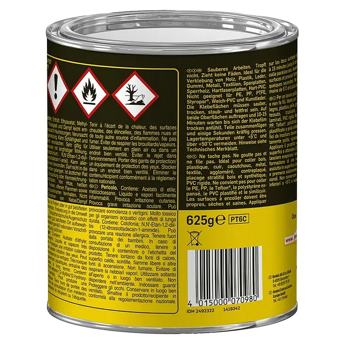 Pattex Kraftkleber Gel Compact - 625 g, Dose - Dose Pattex Kontaktkleber Classic mit Gefahrensymbolen und Produktinformationen.