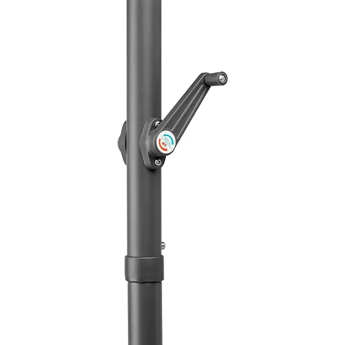 Schneider Classic Balkonschirm Salerno mezza - Natur, Bespannungsmaß (L x B): 150 x 150 cm - Nahaufnahme eines grauen Sonnenschirms mit Kurbelmechanismus und Beschriftung "Up/Down".