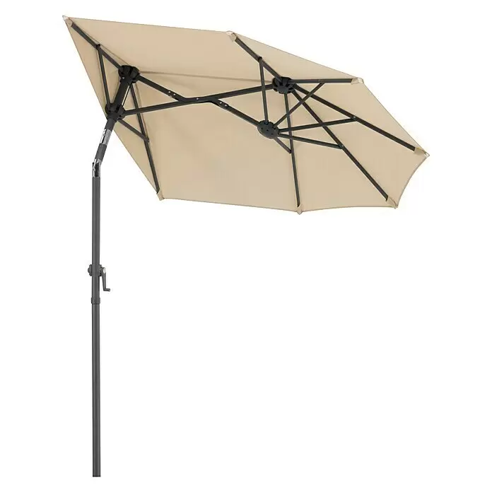 Schneider Classic Balkonschirm Salerno mezza - Natur, Bespannungsmaß (L x B): 150 x 150 cm - Verstellbarer beiger Ampelschirm mit dunkelgrauem Gestell und Stange.