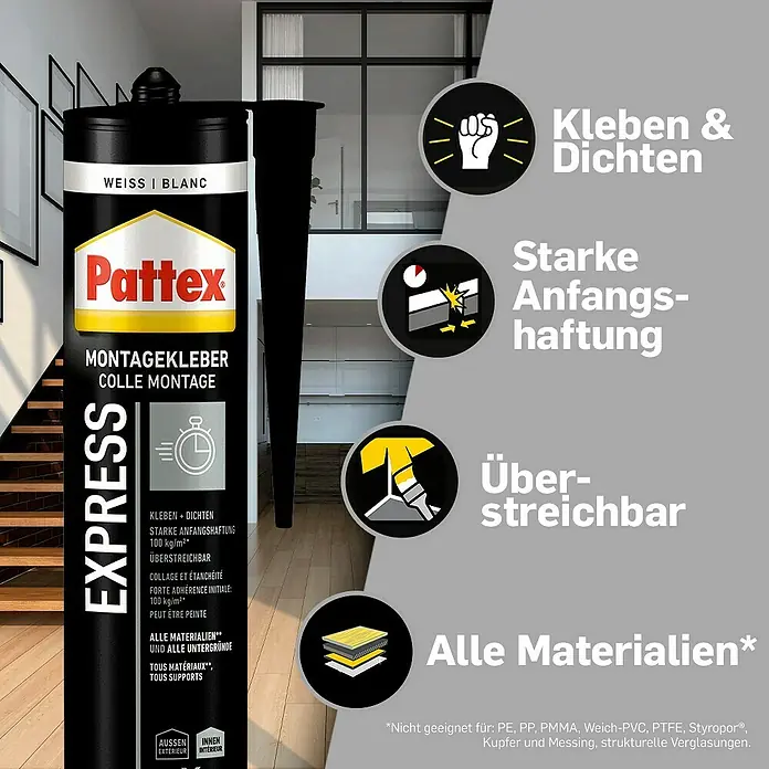 Pattex Montagekleber Express - 440 g - Pattex Montagekleber Express: Starker Montagekleber für vielfältige Materialien, ideal zum Kleben, Dichten und für schnelle, dauerhafte Verbindungen im Innen- und Außenbereich.
