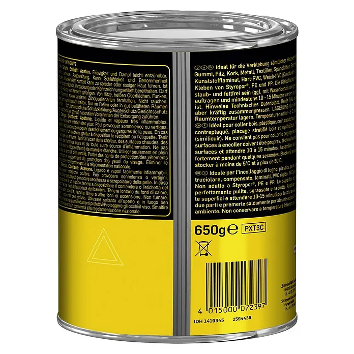 Pattex Kraftkleber Transparent - 650 g, Dose - Klebstoffdose von Pattex für Holz, Gummi, Filz, Kork, Metall, Textilien, Spanplatten, Kunstleder, Hart- und Weich-PVC.