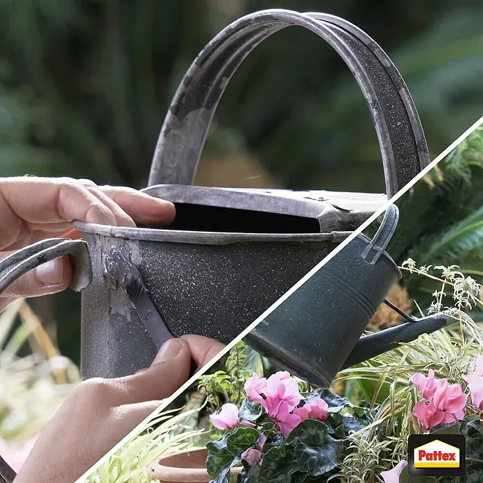 Pattex Kraft-Mix 2-Komponenten-Kleber Komponentenkleber Metall - 35 g - Vergleichsbild: Auf der linken Seite wird eine alte Gießkanne repariert, rechts ist eine kleine Gießkanne, die Blumen gießt, Pattex-Logo.
