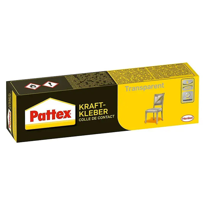 Pattex Kraftkleber Transparent - 50 g, Tube - Pattex Kraftkleber Transparent Kontaktkleber in einer gelb-schwarzen Verpackung mit einem Bild eines Stuhls für transparente Verklebungen.