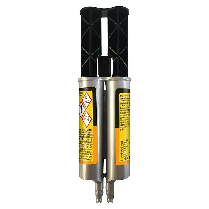Pattex Kraft-Mix 2-Komponenten-Kleber Komponentenkleber Metall - 35 g - Produktabbildung eines 2-Komponenten-Klebstoffs in einer Doppelkartusche mit schwarzem Applikator.