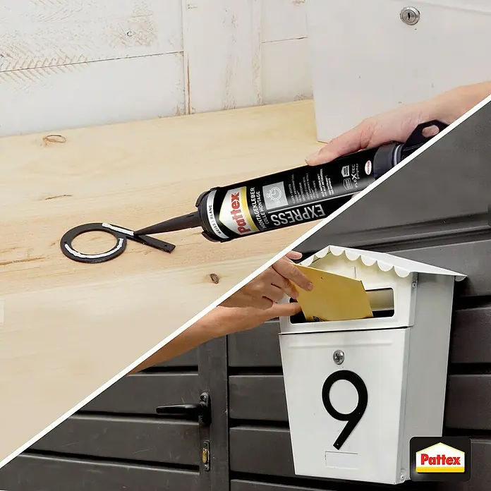 Pattex Montagekleber Express - 440 g - Montage einer Hausnummer mit Pattex Express Montagekleber. Der Kleber sorgt für eine schnelle und dauerhafte Befestigung im Außenbereich.