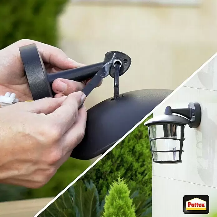 Pattex Kraft-Mix 2-Komponenten-Kleber Komponentenkleber Metall - 35 g - Hände tragen Dichtmittel zur Installation einer schwarzen Außenleuchte auf; die fertige Leuchte ist an einer Wand montiert.