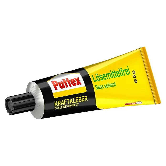 Pattex Kraftkleber Lösemittelfrei - 65 g, Tube - Produktbild einer Tube Pattex Kraftkleber lösemittelfrei, 65g, in Gelb und Schwarz. Qualität von Henkel.