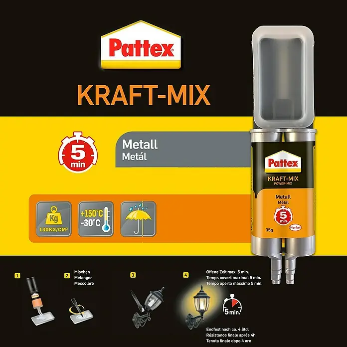 Pattex Kraft-Mix 2-Komponenten-Kleber Komponentenkleber Metall - 35 g - Pattex Kraft-Mix Metall: Zweikomponenten-Klebstoff für Metallreparaturen. Schnellhärtend, hohe Festigkeit, ideal für dauerhafte Verbindungen.
