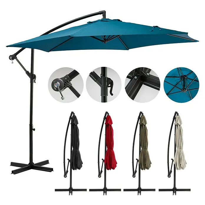 Sunfun Ampelschirm Toscana - Blau, Durchmesser Bespannung: 300 cm - Schirm: Ein schattenspendender, blauer Ampelschirm mit robustem, schwarzem Ständer und Details, ideal für den Garten.