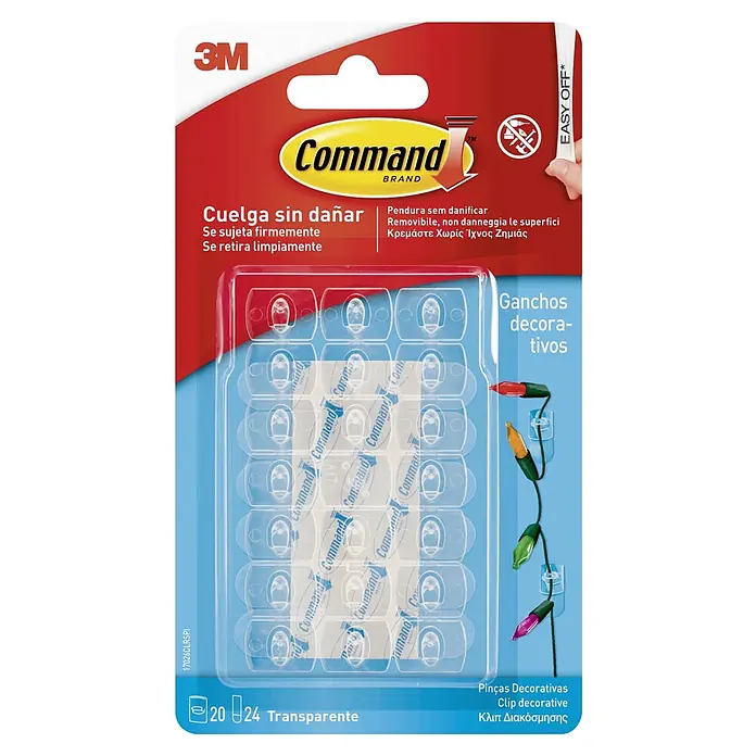 3M Command Gancho para colgar 17026CLR - Plástico, Transparente - Clips decorativos Command con tiras adhesivas. Ideal para colgar decoraciones sin dañar las superficies, transparentes.