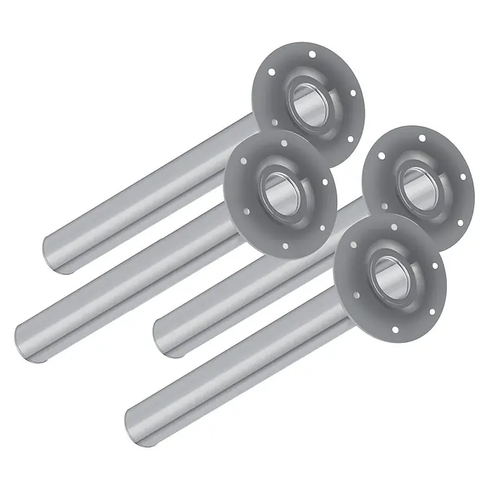 Element System Set de patas de mueble - Ø x Al: 5 x 71 cm, Capacidad de carga: 50 kg, Metal, 4 ud. - Una vista de cuatro tubos de aguas residuales con brida, que son de metal gris y están sobre un fondo negro.