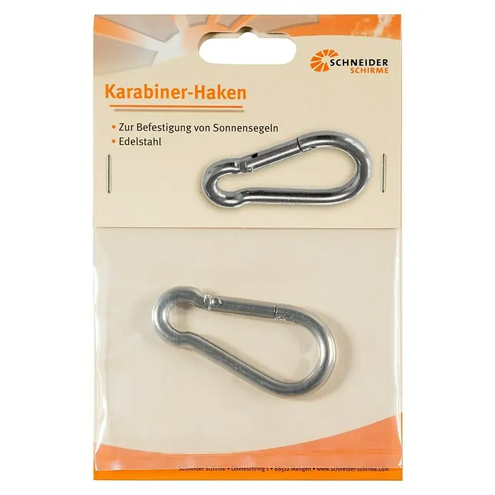 Schneider Karabinerhaken - Edelstahl - Zwei Karabinerhaken aus Edelstahl in einer transparenten Verpackung mit orangefarbenem Aufdruck.