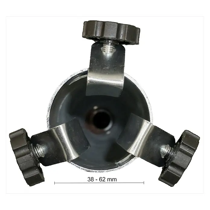 Schneider Bodendübel - Stahl - Das Produkt ist ein Rohrhalter mit drei Klammern und Drehknöpfen. Der Durchmesser des Halters ist zwischen 38 und 62 mm verstellbar.