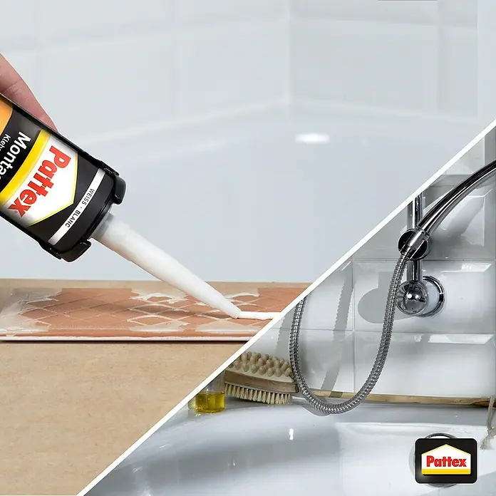 Pattex Montagekleber All Materials - 495 g - Das Bild zeigt Pattex Montagekleber, der auf eine Fliese aufgetragen wird. Im Hintergrund ist ein Badezimmer mit Waschbecken und Armatur zu sehen.