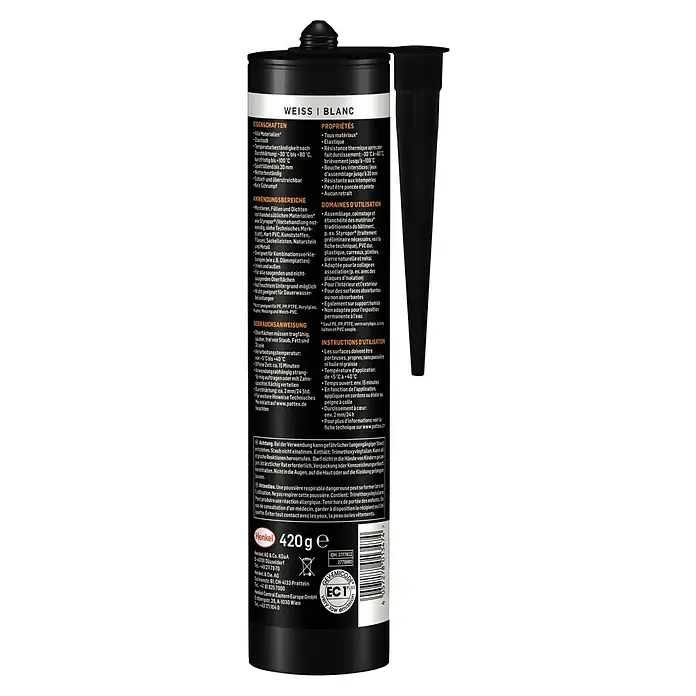 Pattex Montagekleber Universal - 420 g - Pattex WEISS/BLANC Montagekleber mit einer Kapazität von 420 g, ideal zum Befestigen, Füllen und Abdichten verschiedener Materialien.