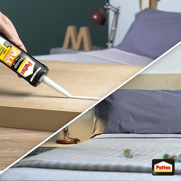 Pattex Montagekleber All Materials - 495 g - Ein Montagekleber von Pattex "All Materials" wird auf ein Holzbrett aufgetragen, ideal für verschiedenste Materialien und Anwendungen.