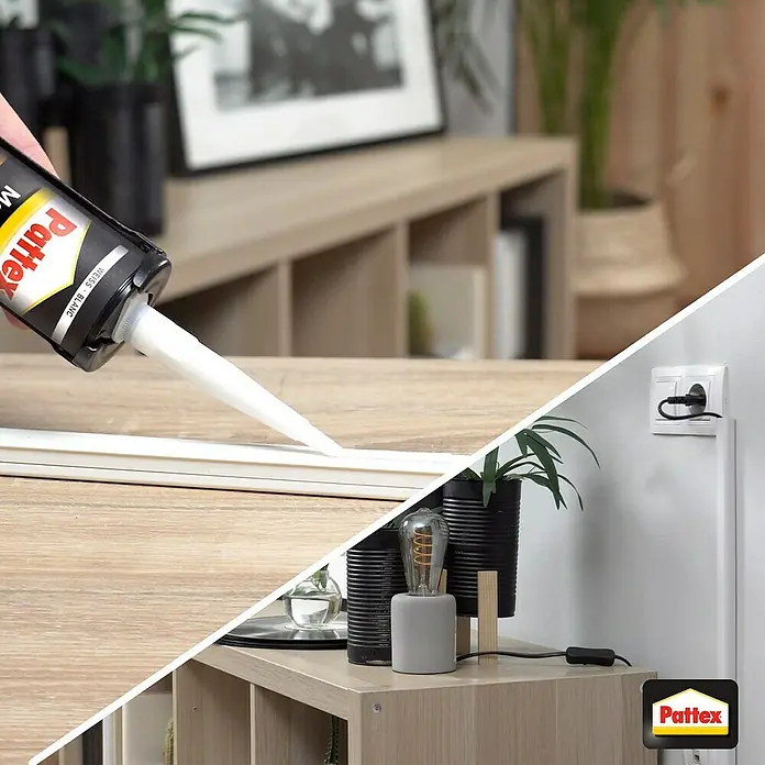 Pattex Montagekleber All Materials - 495 g - Pattex Montagekleber wird auf eine weiße Fußleiste aufgetragen. Im Hintergrund ist ein Kabelkanal an einer Wand zu sehen.