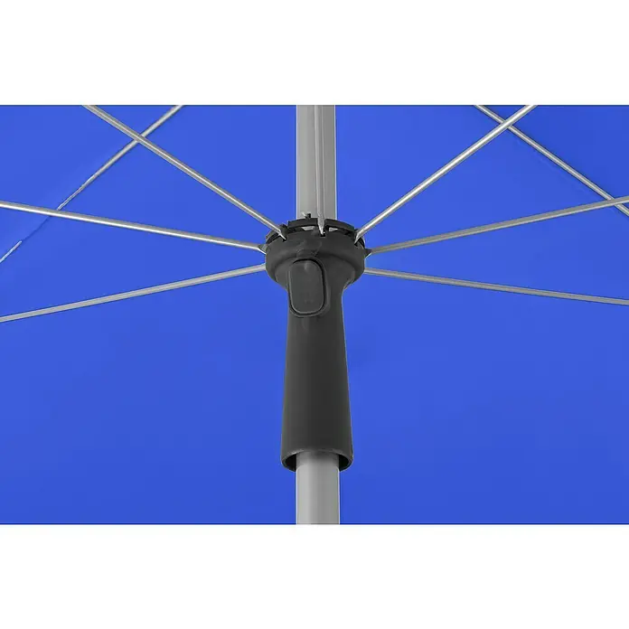 Schneider Classic Marktschirm rund LocarnoRoyalblau, Durchmesser Bespannung: 150 cm - Nahaufnahme eines blauen Sonnenschirms mit einem grauen Mast und schwarzen Details, der Schatten und Schutz an sonnigen Tagen bietet.