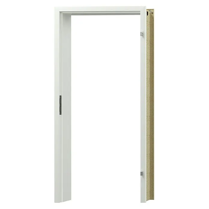 GetaDoor Lamineo Türzarge GLN 224 - 735 x 1.985 mm, Wandstärke: 100 mm, DIN Anschlag: Rechts, Signalweiß - Nahaufnahme eines weißen Innentürrahmens, der die Konstruktionsdetails und die hochwertige Verarbeitung hervorhebt.
