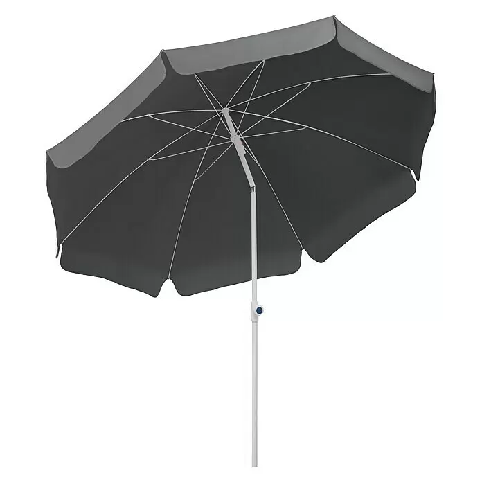 Schneider Classic Marktschirm rund Ibiza - Anthrazit, Durchmesser Bespannung: 240 cm - Dunkelgrauer und hellgrauer Sonnenschirm mit weißem Mast und Speichen.