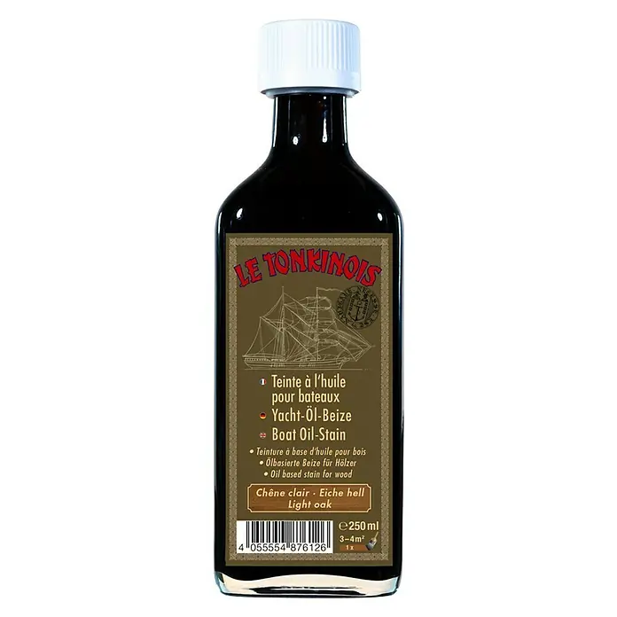 Holzbeize - Eiche hell, 250 ml - Produktbild einer Flasche Le Tonkinois Boat Oil-Stain, einer hochwertigen Ölbeize für Holz, speziell für Boote und Yachten.