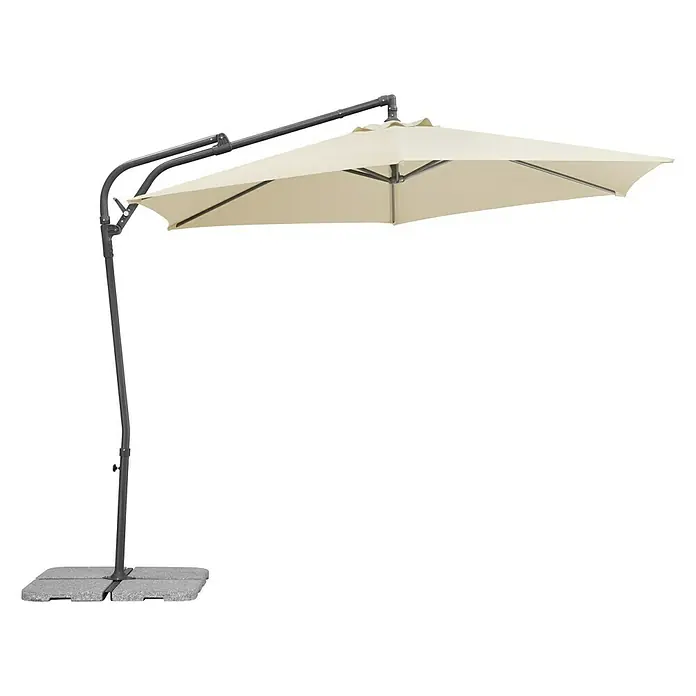 Schneider Sunny Ampelschirm rund Genua - Natur, Durchmesser Bespannung: 300 cm - Hier ist ein cremefarbener, rechteckiger Sonnenschirm mit grauem Mast und Sockel. Ideal für den Garten.
