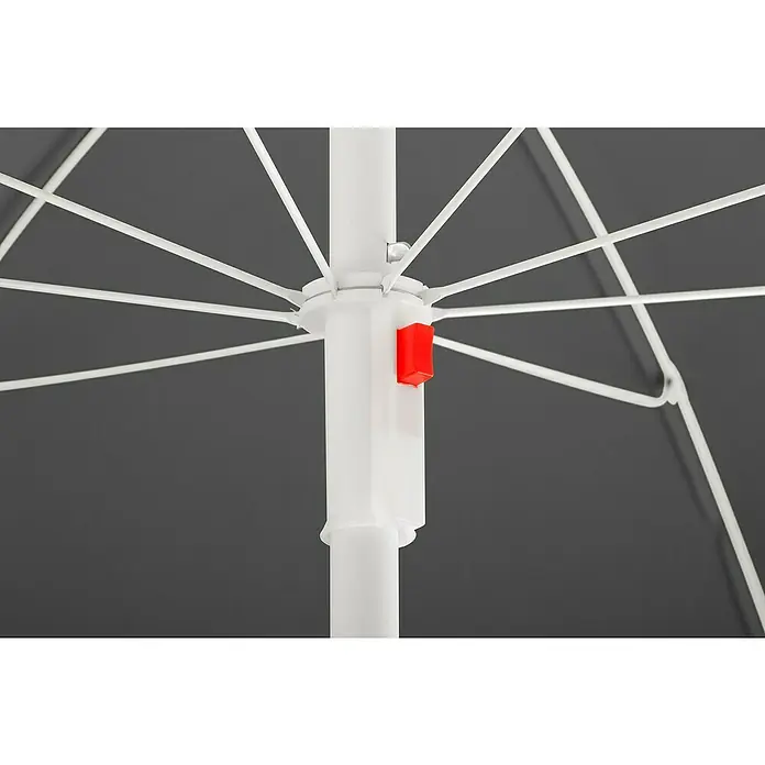 Schneider Classic Marktschirm rund Ibiza - Anthrazit, Durchmesser Bespannung: 240 cm - Detailaufnahme eines Sonnenschirms mit Fokus auf den weißen Mast, die Streben und den roten Verstellknopf.