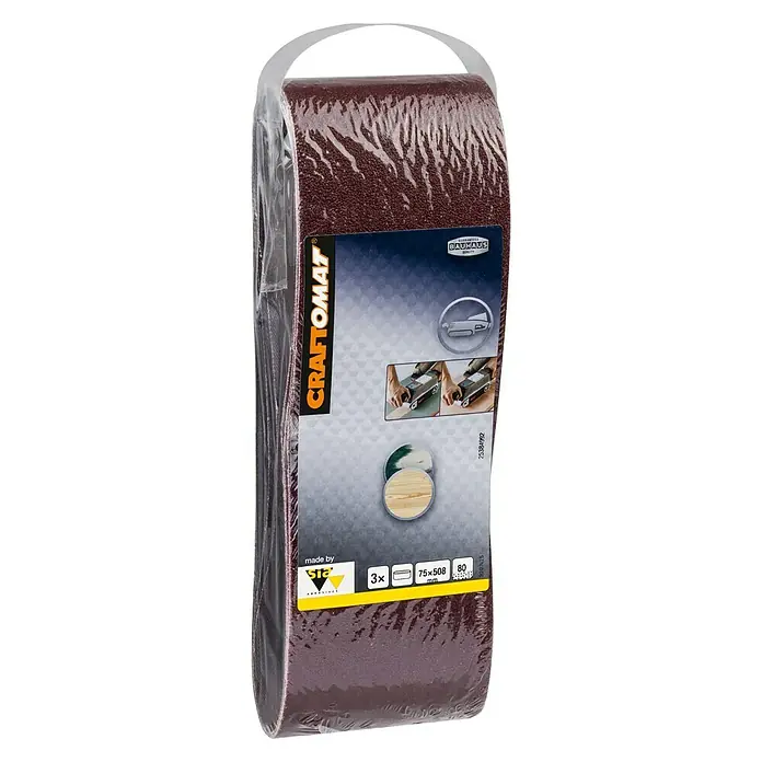 Craftomat Lija de banda - L x An: 508 x 75 mm, Grano: 80, 3 ud. - Imagen de un paquete de bandas de lijadora Craftomat, ideales para lijar superficies de madera.