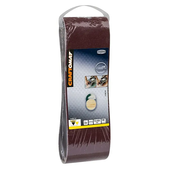 Craftomat Schleifband BFWP - L x B: 533 x 75 mm, Körnung: 180, 3 Stk. - Schleifband CRAFTOMAT, 75x533mm, Körnung 180, 3er-Packung. Ideal für Bandschleifer, zum Bearbeiten von Holz und anderen Materialien.