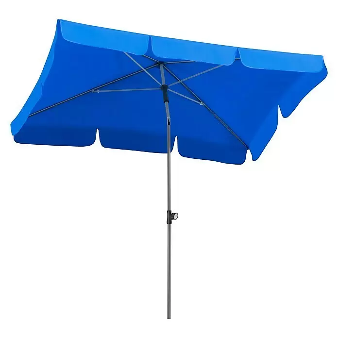 Schneider Classic Marktschirm Locarno - Royalblau, Bespannungsmaß (L x B): 180 x 120 cm - Blauer rechteckiger Sonnenschirm mit silberfarbenem Mast und Gestell.
