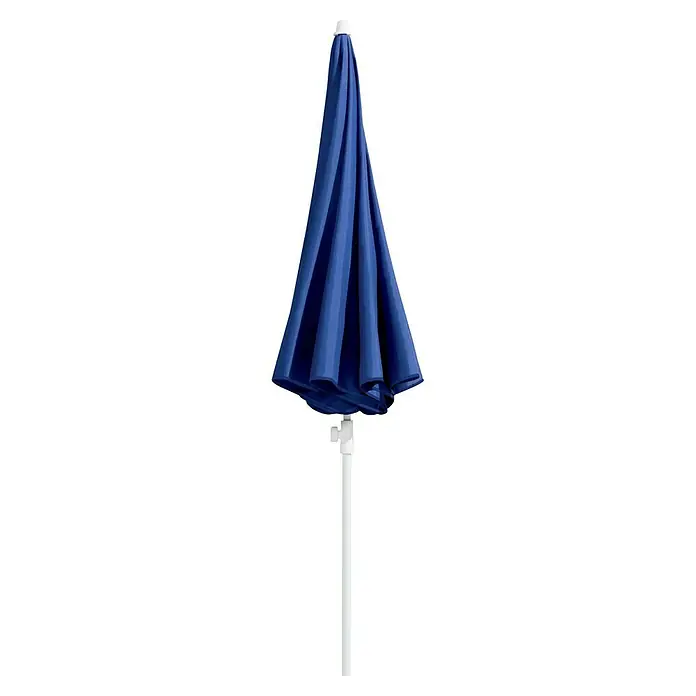 Schneider Classic Marktschirm rund Ibiza - Blau, Durchmesser Bespannung: 240 cm - Nahaufnahme eines geschlossenen, blauen Sonnenschirms auf einem weißen Ständer. Ideal für den Garten oder die Terrasse, um Schatten zu spenden.