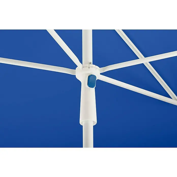 Schneider Classic Marktschirm Ibiza - Blau, Bespannungsmaß (L x B): 180 x 120 cm - Nahaufnahme des weißen Sonnenschirmgestells mit blauem Stoff.