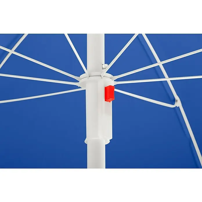 Schneider Classic Marktschirm rund Ibiza - Blau, Durchmesser Bespannung: 240 cm - Detailaufnahme eines geöffneten, blauen Sonnenschirms mit weißem Gestell und einem roten Knopf zur Arretierung des Schirms.